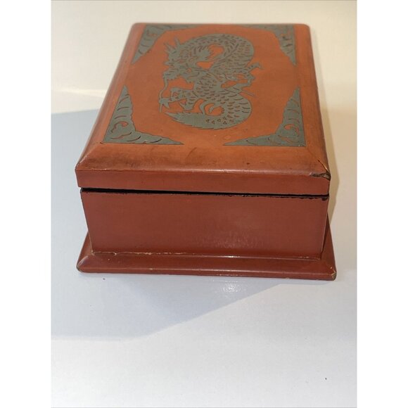 Vintage Japanese Dragon Trinket Jewelry Box Red Lacquer Bamboo MCM Read EL5 - Picture 5 of 13